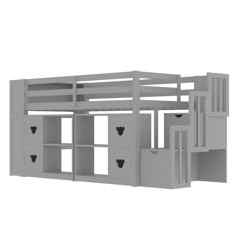 Kids Twin Size Captains Bed Low Loft Bed with LED, Cabinets, Stair Drawers and Shelves, Cabinet Door with Bear-shaped Handles