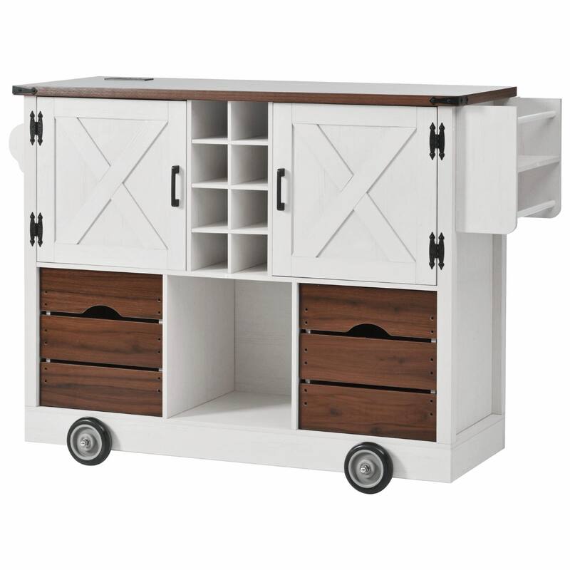 54-inch Farmhouse Kitchen Island with Drop Leaf, Power Outlet