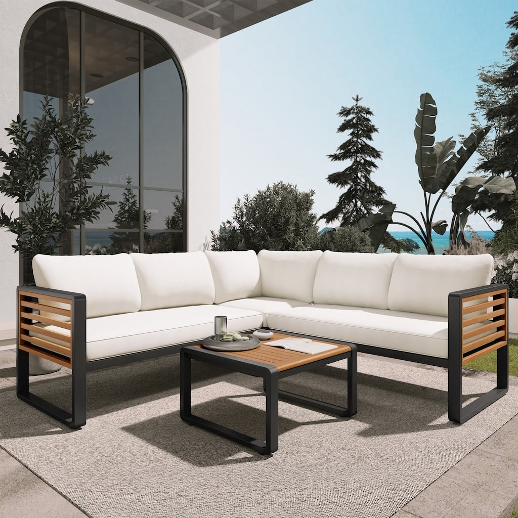 4 Pieces Outdoor Patio Conservation Set, Metal and Wood Frame Sectional L-shaped Sofa with Soft Cushion and a Coffee Tables