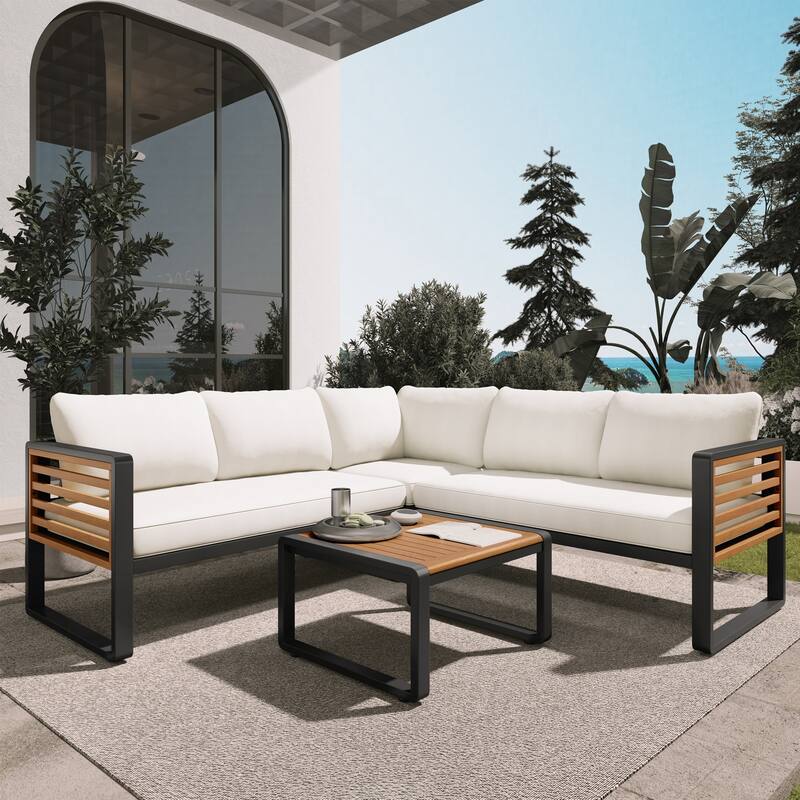 4-Pieces Patio L-shaped Conservation Sofa Set with Coffee Tables