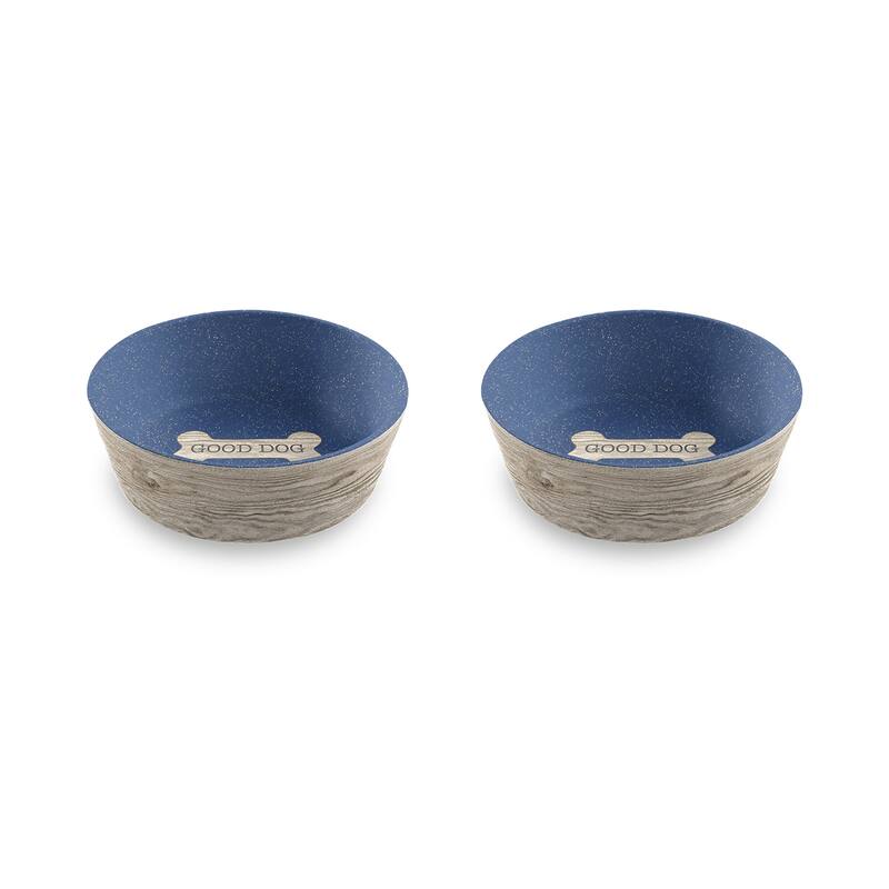 Abode Homewares French Oak Wood Bone Merge Pet Bowl - Blue - Set of 2 - Large
