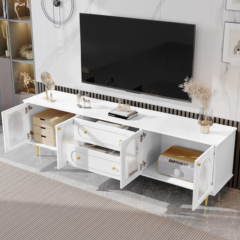 78.7'' Modern TV Stand with Five Metal Legs & Metal Handles, Glass Door Metal TV Cabinet with 2 Drawers & 2 Cabinets, Up to 80''