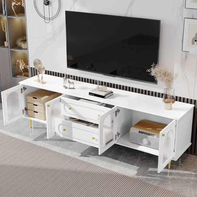 Roomfitters Modern TV Stand for up to 80 Inch TV, Media Console with Fluted Glass Doors, Drawers and Metal Legs, White