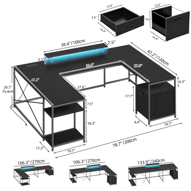 Moasis U-Shaped L-Shaped LED Computer Desk Reversible Corner Home Office Gaming Desk with Power Outlets