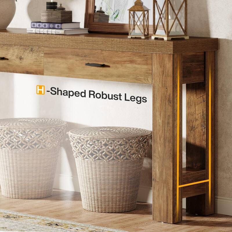 63 Inches Console Table with 2 Drawers, Wood Entryway Table with H-Shaped Legs