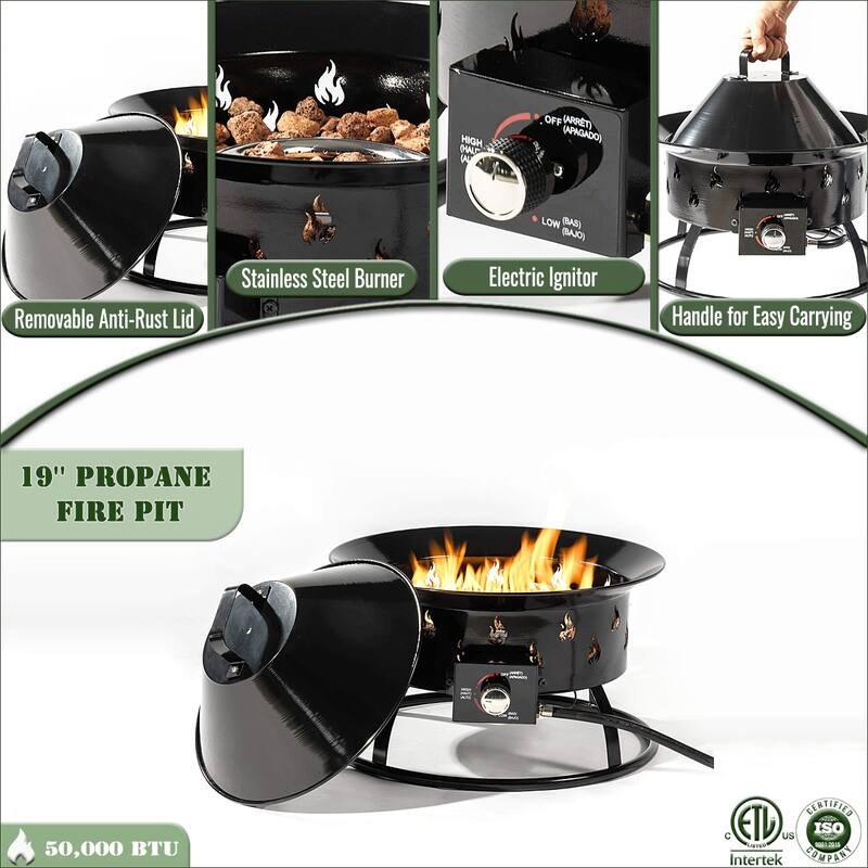 19" Round Steel Propane Gas Fire Pit with 50000 BTU