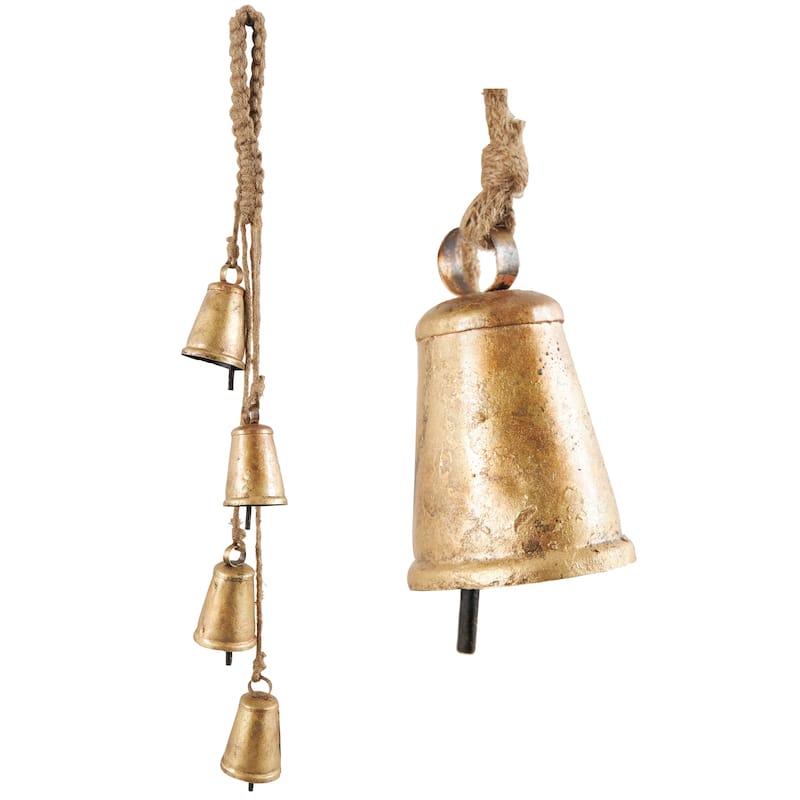 Gold Metal Tibetan Inspired Decorative Cow Bell with Jute Hanging Rope