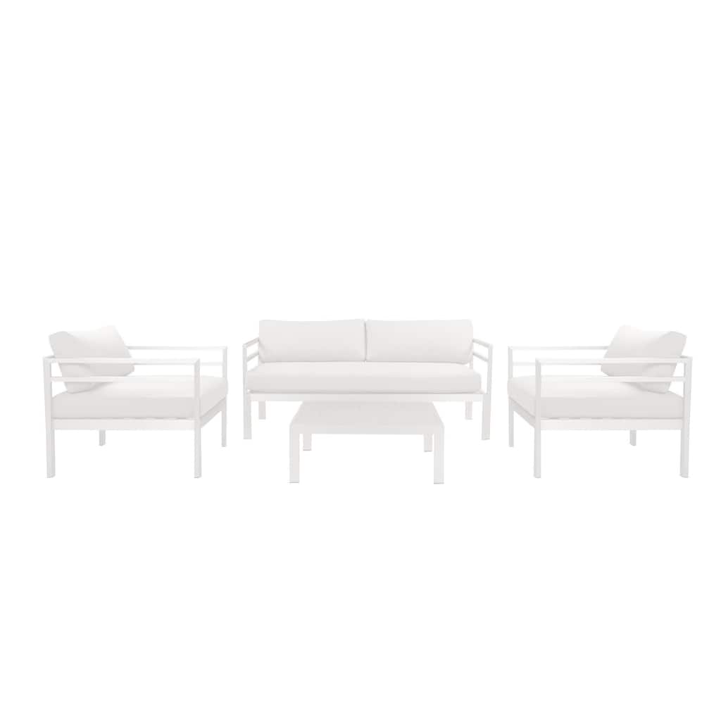 Billy 4 Piece Outdoor Sofa Set, Classic White Aluminum, Fabric Cushions