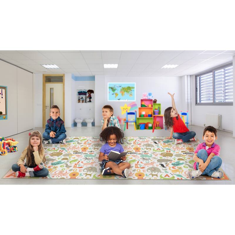 Deerlux 6 ft. Social Distancing Colorful Kids Classroom Seating Area Rug, ABC Animal Design