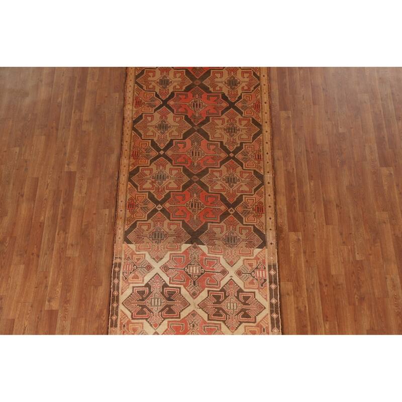 Brown Tribal Ardebil Persian Vintage Runner Rug Handmade Wool Carpet - 3'7"x 9'6"