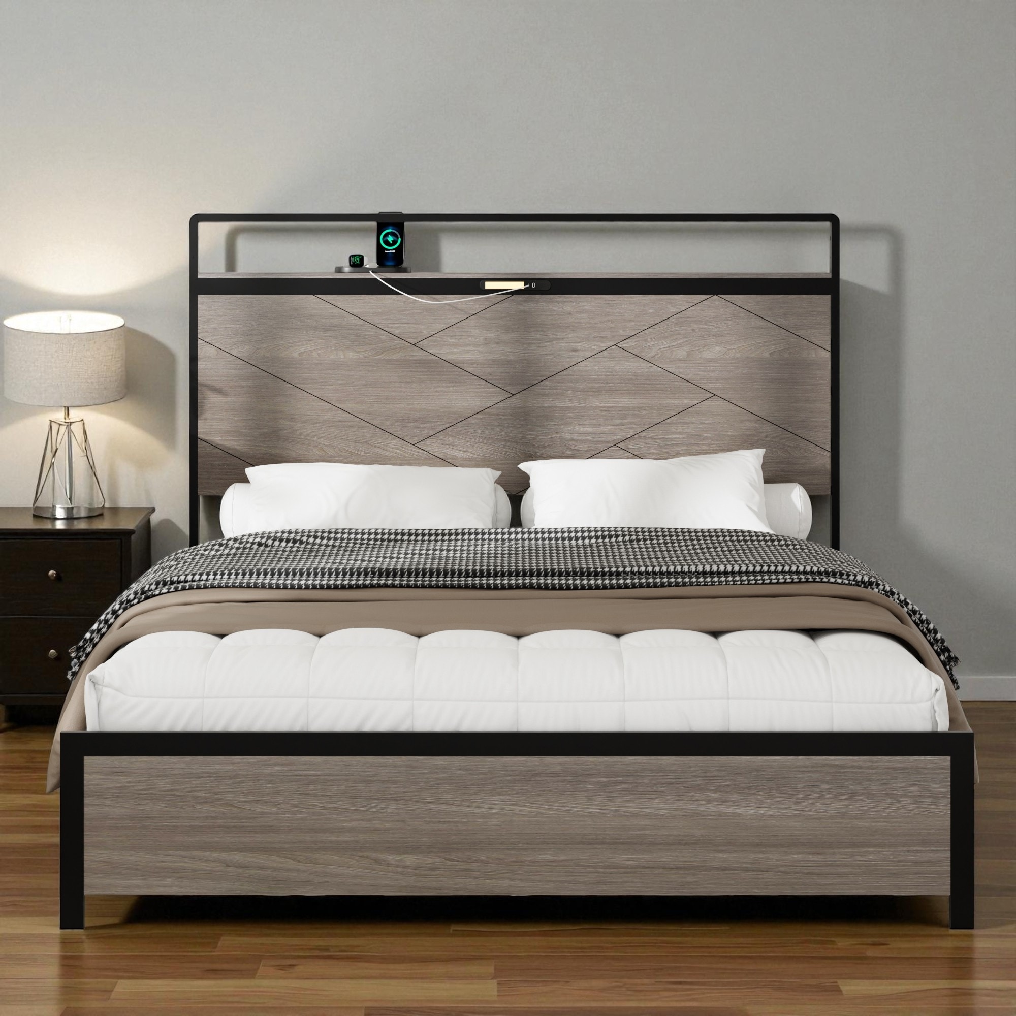 Full Size Metal Platform Bed Frame with Wood Headboard, LED Light, USB Charging Ports, Under Bed Storage, Easy Assembly