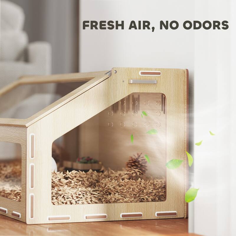 Oak Hamster Habitat with Clear Acrylic Panels and Inclined Top Opening Side Handles for Transport - 39.4" L x 22.8" W x 20.1" H
