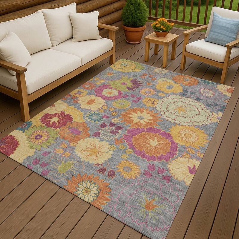 Machine Washable Indoor/ Outdoor Modern Floral Chantille Rug