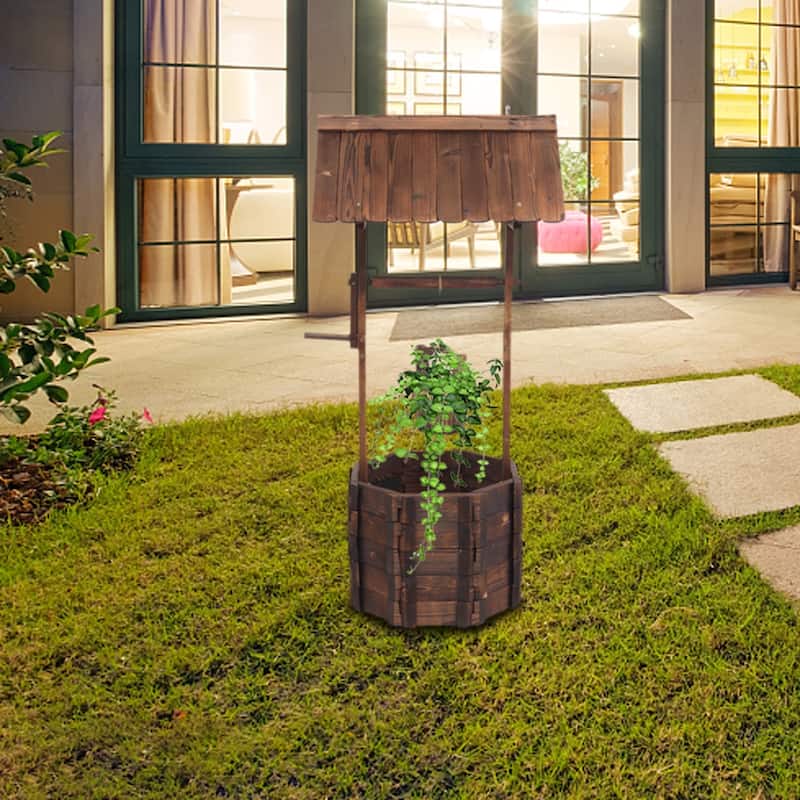 Outdoor Reinforced And Anticorrosive Wooden Wishing Well Flowerpot - Carbonized 