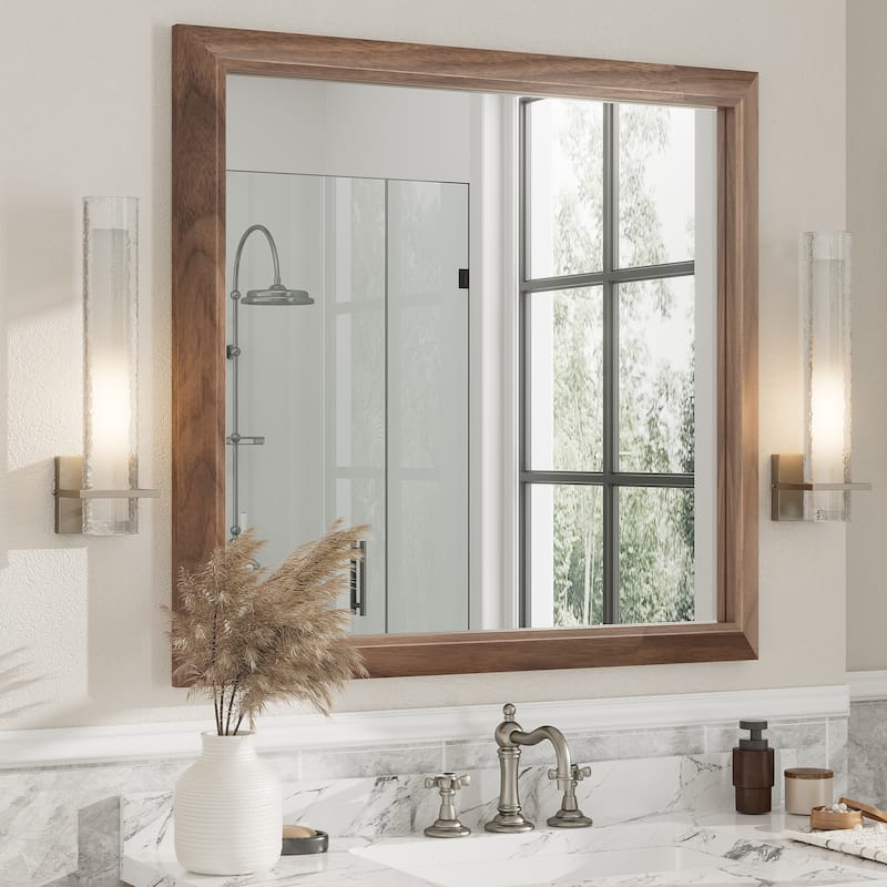 Beveled Metal Rectangle Framed Bathroom Vanity Tempered Glass Mirrors - 40" x 38" - Dark Brown