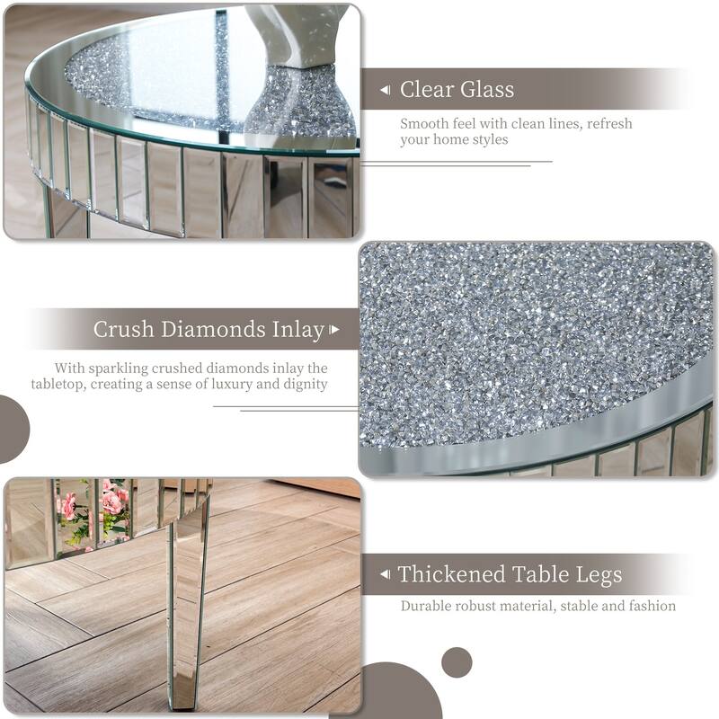 Mirrored Glass Coffee Table with Crystal Diamonds Surface Mirror Beveled Side Table