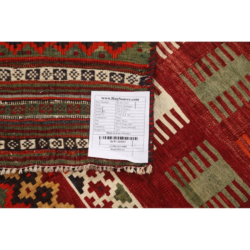 Tribal Kilim Qashqai Persian Vintage Area Rug Hand-Woven Wool Carpet - 4'10"x 7'10"