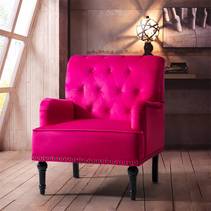 Geltrude Transitional Upholstered Button Tufted Club Chair with turned wooden Legs by HULALA HOME
