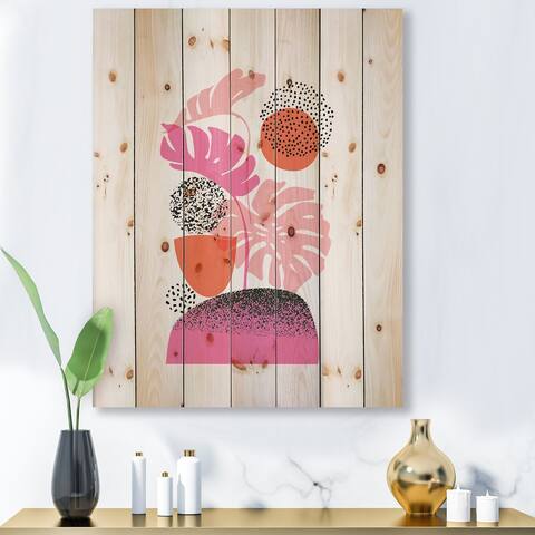 Designart 'Geometric Moon & Sun Shapes With Tropical Leaves' Modern Print on Natural Pine Wood