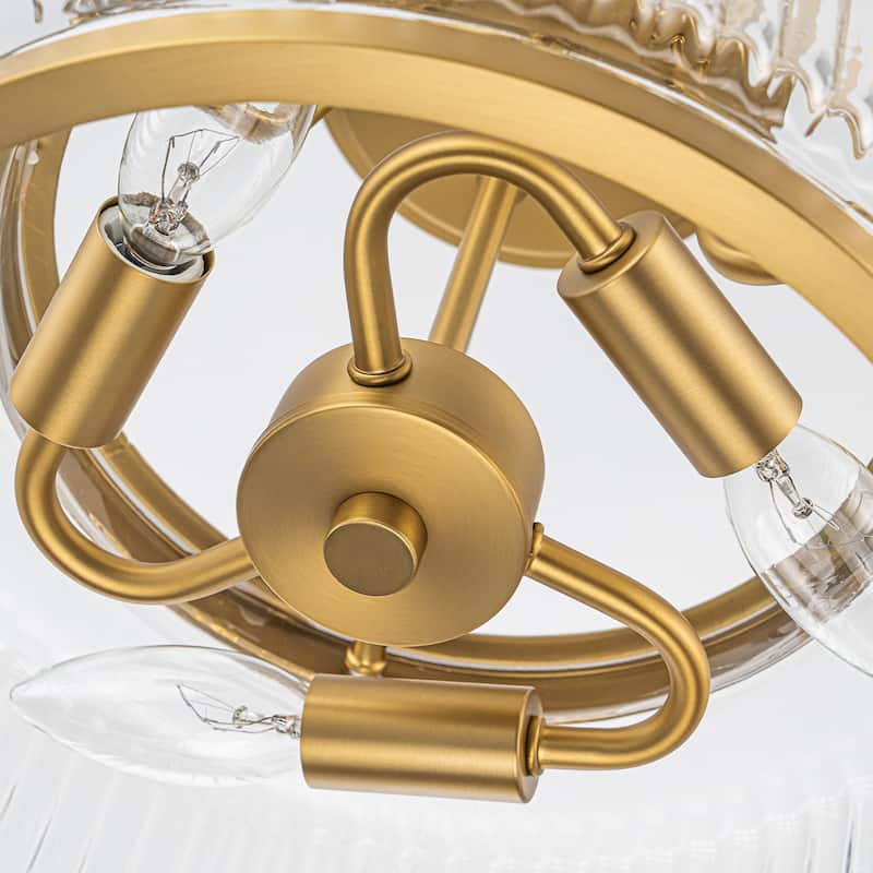 3-Light Industrial-style Black/Gold Lantern Glass Semi Flush Mount