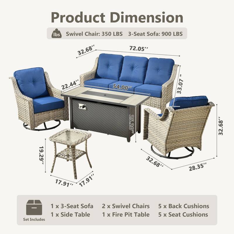 HOOOWOOO 5-piece Rattan Outdoor Patio High Back Swivel Chair Set with 54"Fire Pit