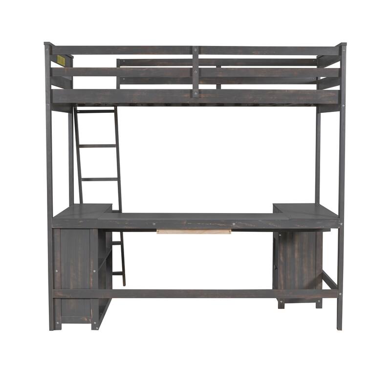 Nestfair Twin Size Loft Bed with U-shaped Desk, Drawers and Storage Shelves