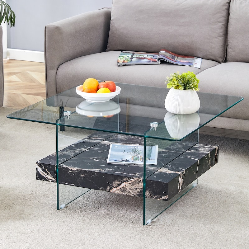 Roomfitters Square Glass Coffee Table with Walnut Finish, Two-Tier Modern Accent Table for Compact Spaces - Black Marble