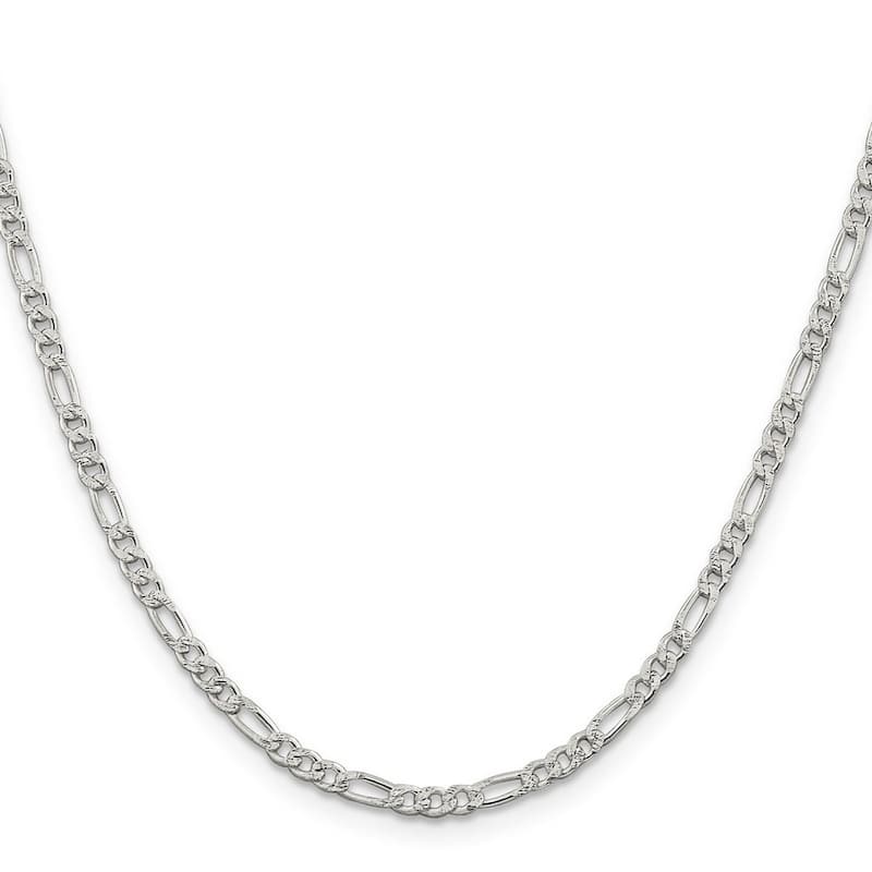 Curata 925 Sterling Silver 3mm Pave Flat Figaro Chain Necklace