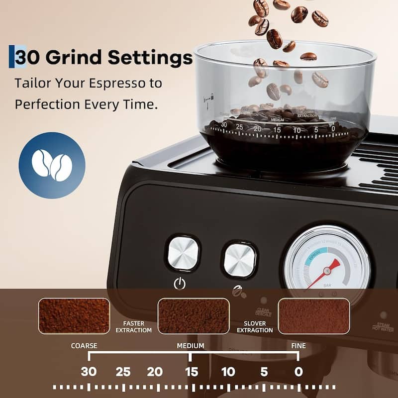 Espresso Coffee Machine with Grinder & 20 Bar Pressure, 2.8L Removable Water Tank, Black