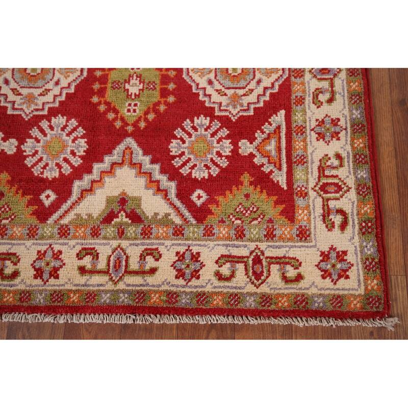 Geometric Red Kazak Accent Rug Hand-Knotted Oriental Wool Carpet - 2'7" x 4'1"