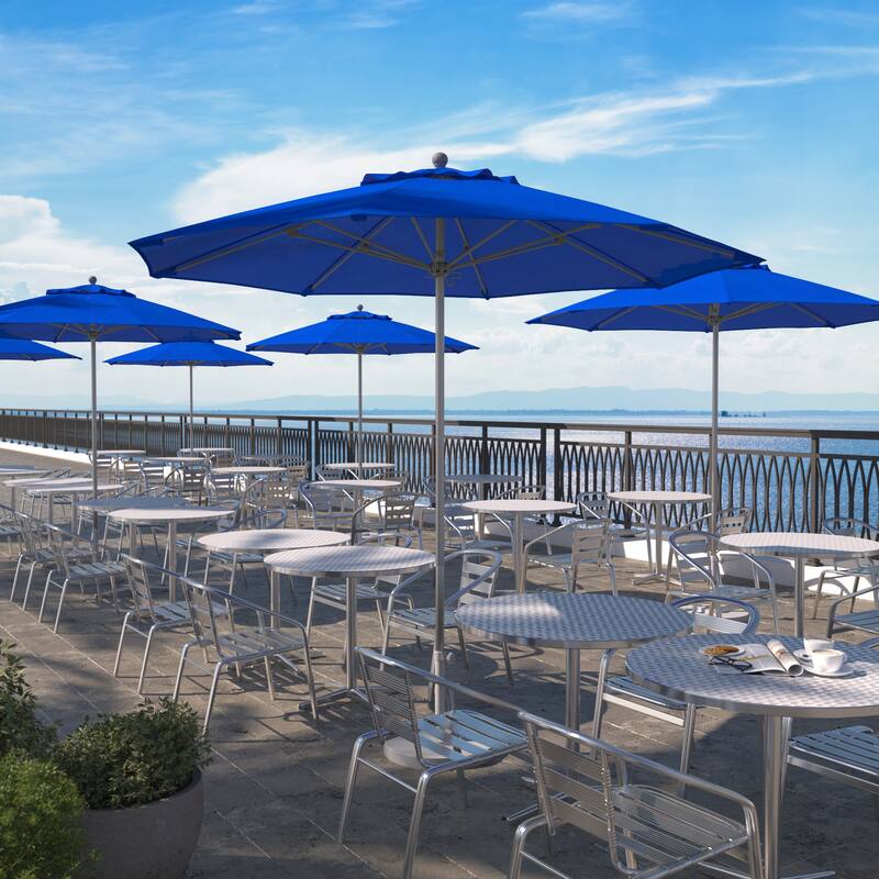 California Umbrella 9' Rd. Aluminum Frame, Fiberglass Rib Patio Umbrella, Push Open,Anodized Silver Finish, Sunbrella Fabric