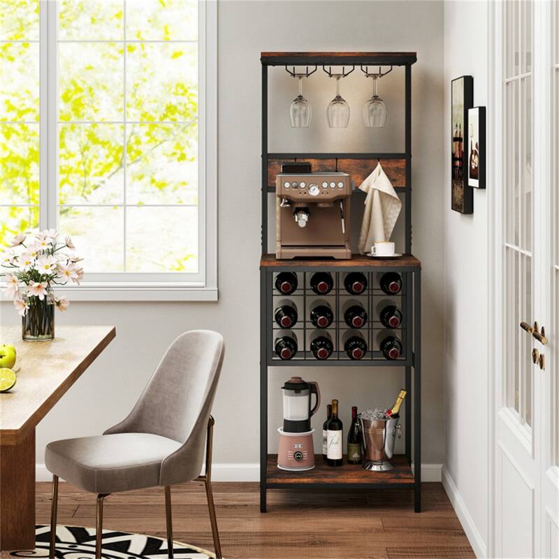 Freestanding Tall Wine Cabinet with Glass Holder and Storage Shelves for Kitchen or Dining Room - 21.5" x 14.5" x 61.5"