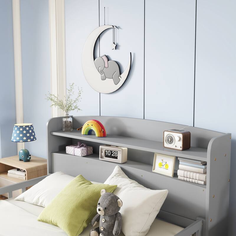 Full Pine Wood Bed with Bookcase Headboard, LED Motion Sensor Light, Bed Guardrails, Grey