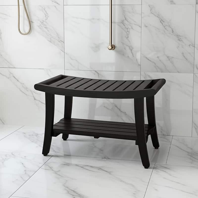 HomeRoots 30" Dark Brown Teak Rectangular Shower Bench With Shelf