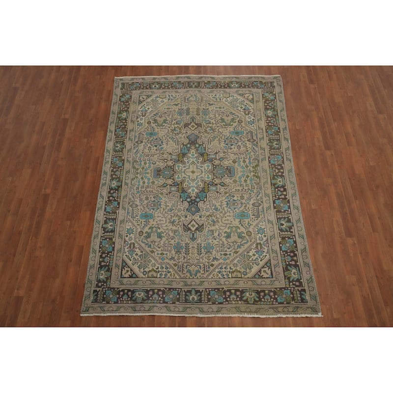 Hand Knotted Oriental 100% Wool Carpet Traditional Floral Beige & Ivories Tabriz Area Rug - 9' 3'' X 6' 5''