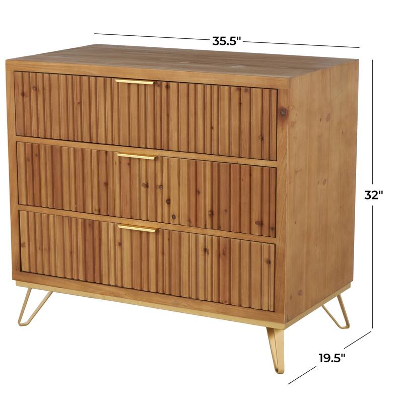 Brown Wooden Ribbed 3 Drawers Room Cabinet with Gold Handles and Legs - 20"W x 36"L x 32"H