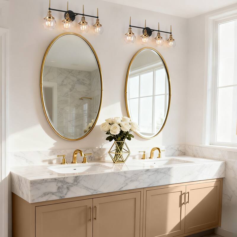 Beta Modern 4-Light Gold Black Bathroom Vanity Light Orb Glass Wall Sconce - 28.5''L x 7''W x 12.5''H