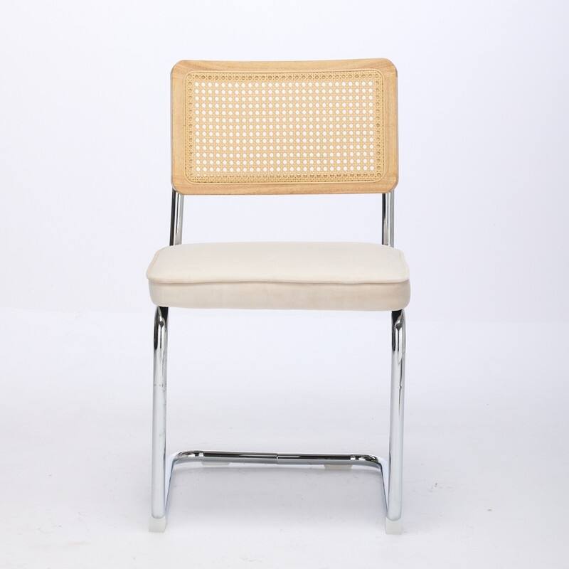 Mid Century Modern Dining Chairs Set of 2, Natural Cane Back & Stainless Chrome Base, Upholstered Rattan Kitchen Chairs