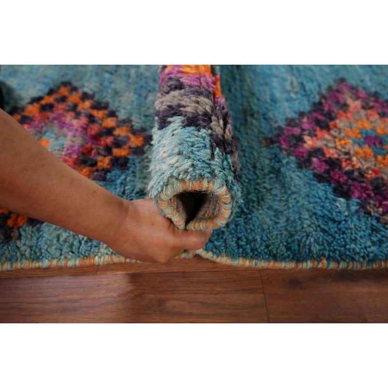 Plush Geometric Blue Moroccan Accent Rug Hand-Knotted Wool Carpet - 3'1" x 5'7"
