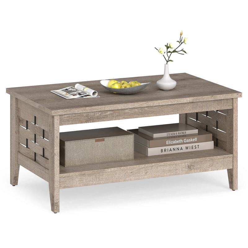 Costway 39.5” 2-Tier Coffee Table with Open Shelf Woven Decorations - See Details - Oak