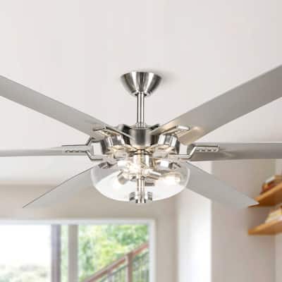 70-in Brushed Nickel Modern Downrod Mount Large Ceiling Fan with Light and Remote