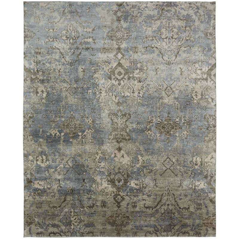 Transitional Blue Hand-Knotted Viscose Area Rug - 2'6" x 10' - Blue