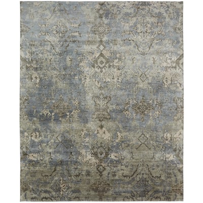 Transitional Blue Hand-Knotted Viscose Area Rug