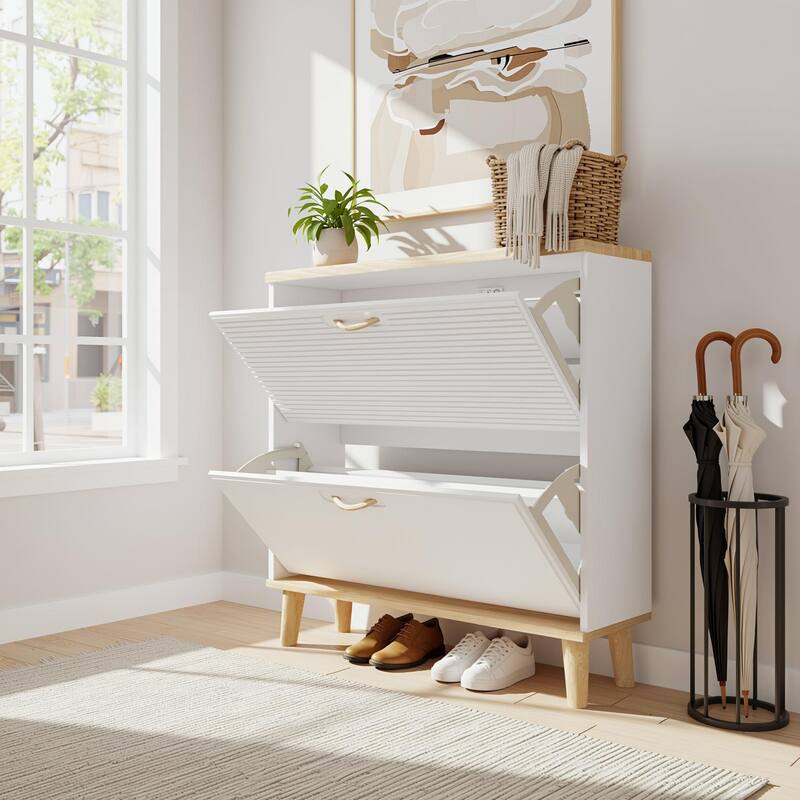 Homy Casa Compact Shoe Storage Bench 2 Flip Doors 2 Drawers, White