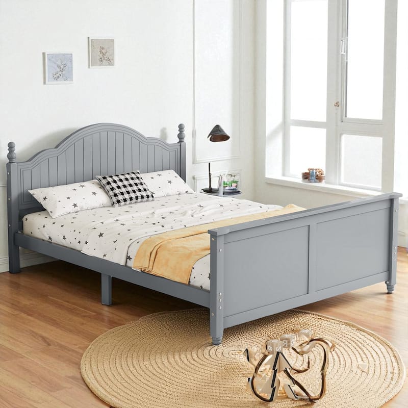 Twin/Full Size Wooden Kids Bed with Headboard, Footboard, Guardrails and Storage, Platform Bed Frame - Grey - Full