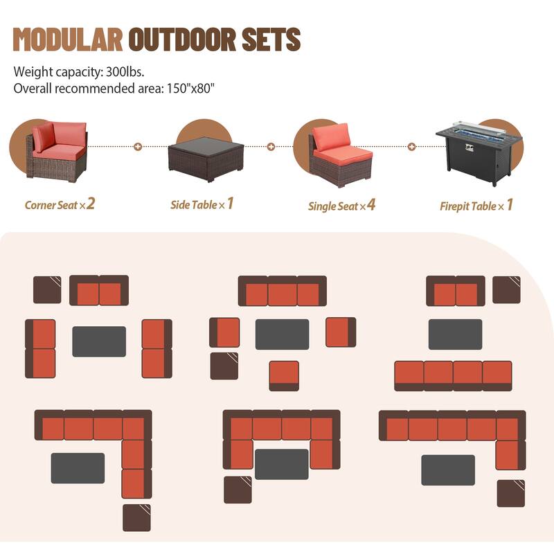 Outdoor Wicker Sectional Sofa 8-Piece Set with Fire Pit Table