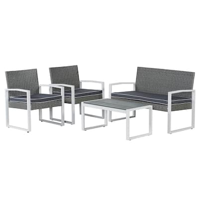 Thom 4-Piece Modern Coastal Faux Wicker Conversation Outdoor Patio Set, by JONATHAN Y