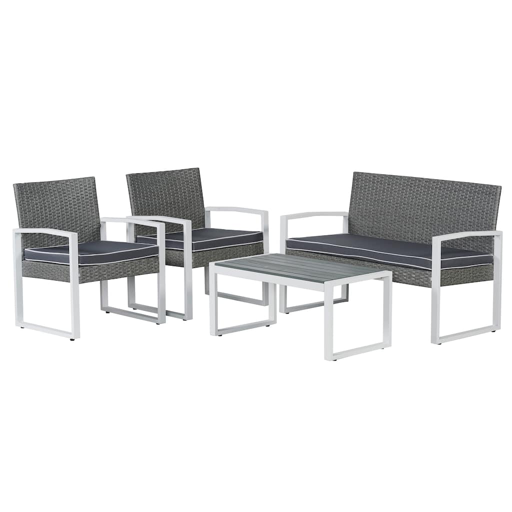 Thom 4-Piece Modern Coastal Faux Wicker Conversation Outdoor Patio Set, by JONATHAN Y