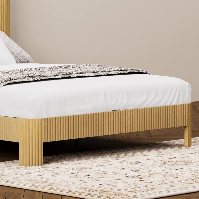 Queen Size Bed Frame with Storage Headboard, Charging Station, Wavy Design, Silent, Metal Support, Natural