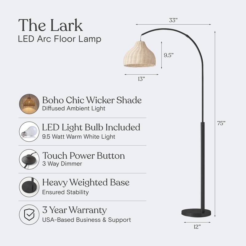 Brightech Lark 75 in Classic Matte Black Modern 9W 800Lm 3000K LED Contemporary Arc Floor Lamp With Beige Rattan Bell Shade